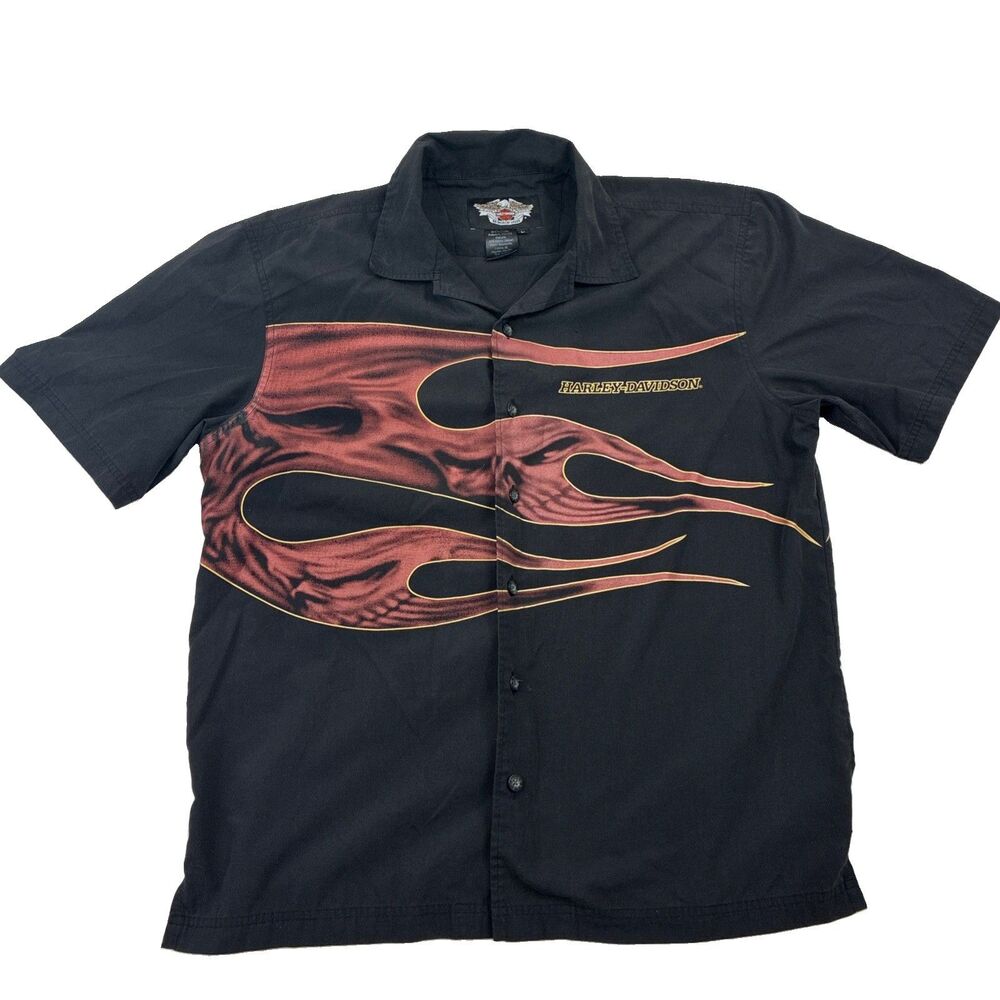 Harley Davidson Men’s Button Flame Skulls Black Shirt Size Large Vintage Y2K